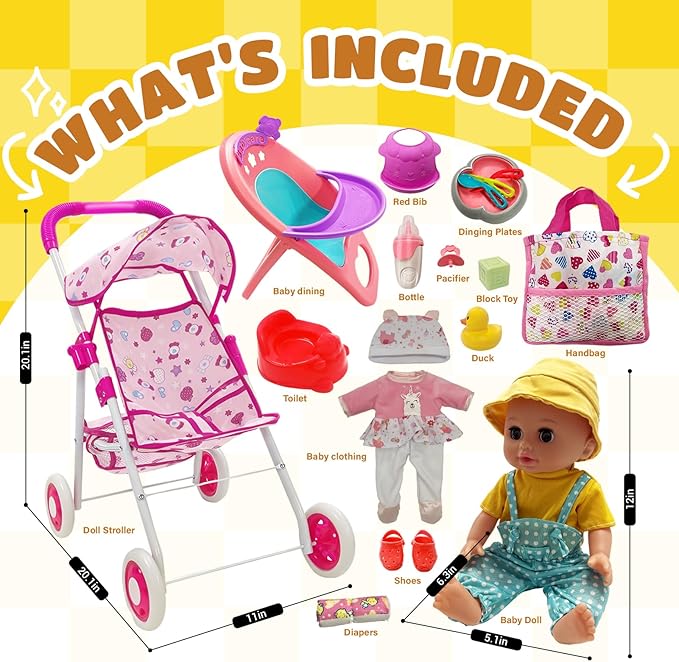 Baby Doll Stroller Set Toys for Girls Toddlers 3-5 4-6 5-7 Gifts, 12.2" Baby Doll Set with 2 Set Doll Clothes, Dining Chair, Baby Stroller Toys for Accessories Pretend Play
