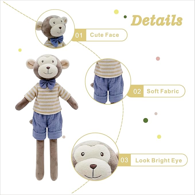 Monkey Stuffed Animals,15.7" Boy Monkey Plush with T-Shirt and Pants,Cute Stuffed Animal for Girls As Birthday, Easter,Christmas,Valentine's Day Gift