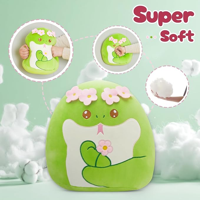 SpecialYou Flower Crown Green Snake Plush Pillow - Soft Snake Stuffed Animal Pillow Plushie Toy Birthday Gift for Kids, Boys & Girls 14inch