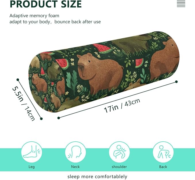 Green Grass Capybara Watermelon Neck Roll Pillow Bolster Round Health Memory Foam Long Cervical Cylinder Pillows with Removable Washable Cover for Body Bed Legs Back Yoga