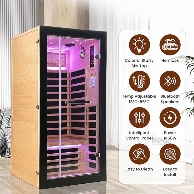 OUTEXER One Person Sauna Far Infrared Saunas Room Canadian Hemlock 1450W Dry Saunas Spa with 7 Starry Sky Light 35.4 * 35.4 * 70.8inch