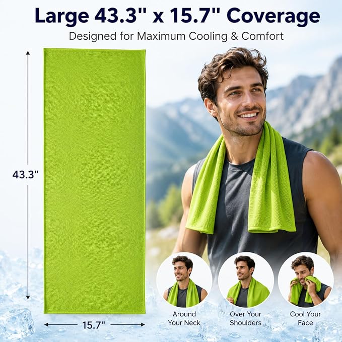 Cooling Towels 43.3" x 15.7" Lime Green - Ice Towel, Sweat Towel, Cooling Towels for Neck & Face & Cooling Neck Wraps for Summer Heat - Neck Cooler for Quick Cool Down for Gym, Running, Golf Sports