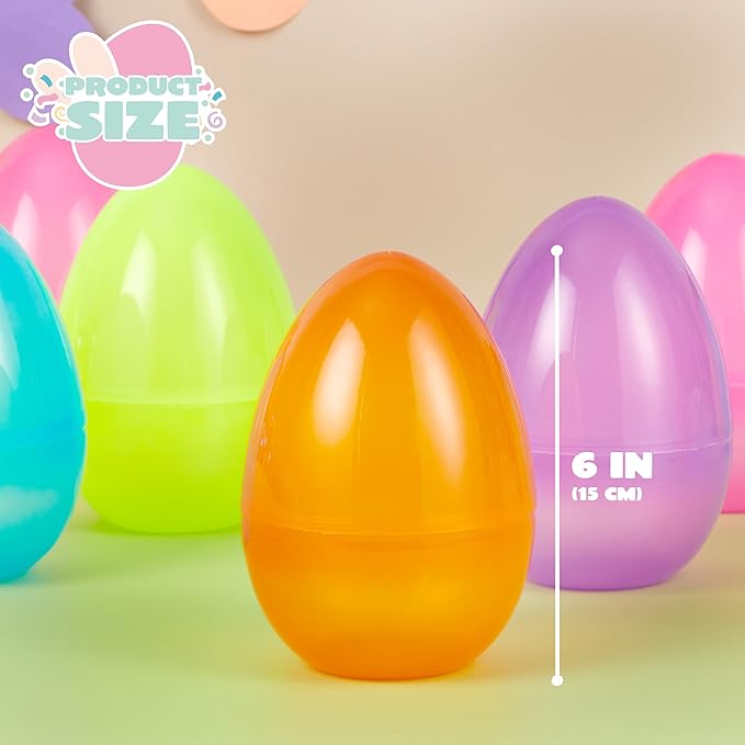 JOYIN 6 Pcs Large Clear Easter Eggs, 6 Inches Jumbo Plastic Eggs Fillable for Easter Themed Hunt Colorful Basket Stuffers Fillers Filling Treats Party Favor Classroom Prize Supplies