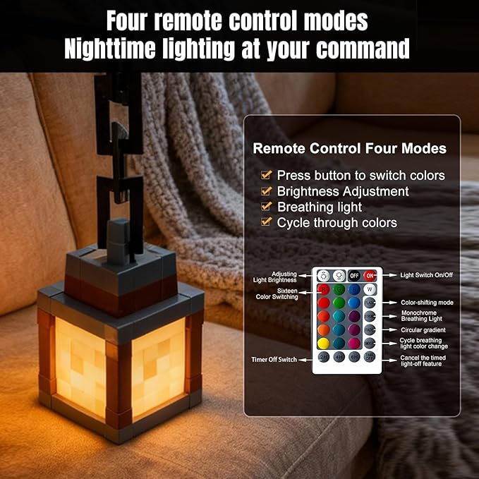Pixelated Lantern Night Light, 16 Color LED Wall Night Light with Remote Control - Rechargeable Retro Pixel Style Table Lamp for Game Room Kids Room Decor and Children's Gifts