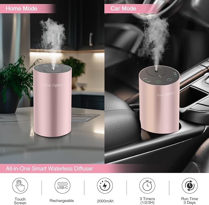 Waterless Essential Oil Diffuser Starter Kit - No Water Needed, Battery Operated Mini Scent Air Machine, Included 3x20ML Essential Oils, Portable Aromatherapy Diffuser for Home & Car & Office, Pink