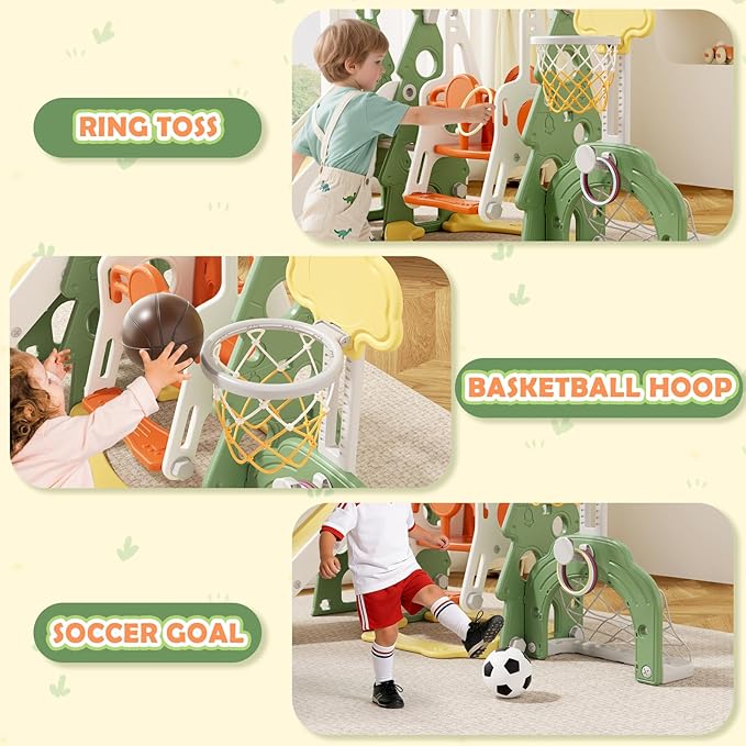 KORIMEFA 6-in-1 Kids Slide and Swing Set, Toddler Slide with Basketball Hoop, Swing, Outdoor Indoor Playground for Toddlers 1-3 Pine Shape Design(6 in1-Green)