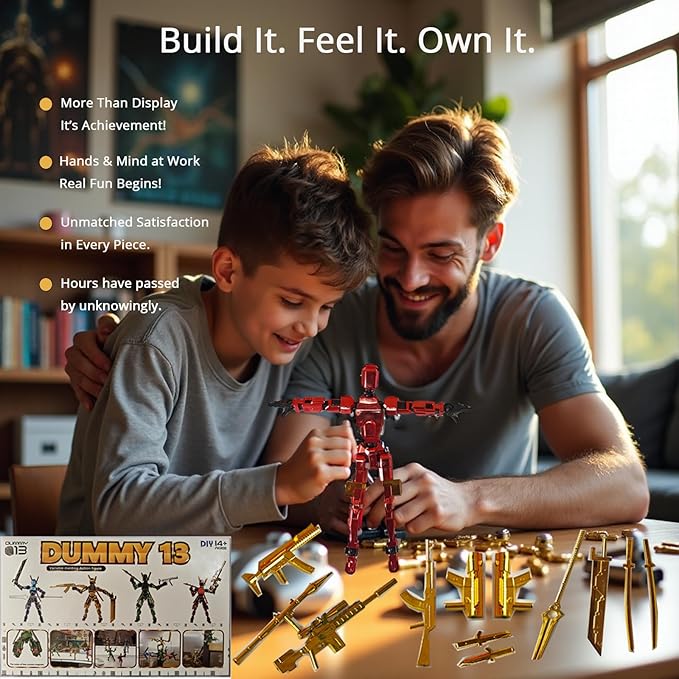 T13 Action Figure Set – 4-Pack Dummy 13|Titan 13 Poseable Robot Figures, DIY Collectible Toys for Kids & Adults, Metallic Style