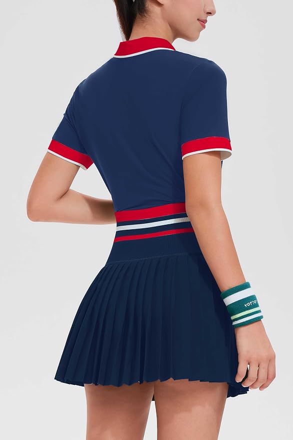 Tennis Skirt Sets for Women Zipper Color Block High Waisted Golf Polo Two Piece Skirt Set Women 2 Piece Outfits