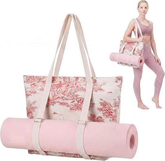 Hsei Pink Floral Yoga Mat Gym Bag Pink Toile Yoga Tote Bag for Women Vintage Boho French Country Large Canvas Tote with Zipper Closure for Pilates Fitness Travel Beach Travel Office Workout Gym Gift