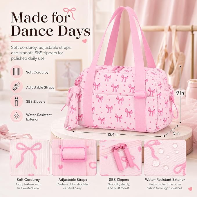 LOIDOU Aesthetic Dance Bag for Girls Corduroy Lightweight Bow Ballet Gymnastic Bag, Small Gym Bag for Women with Wet Dry Pocket, Cute Tote Bag Gifts for Birthday Christmas