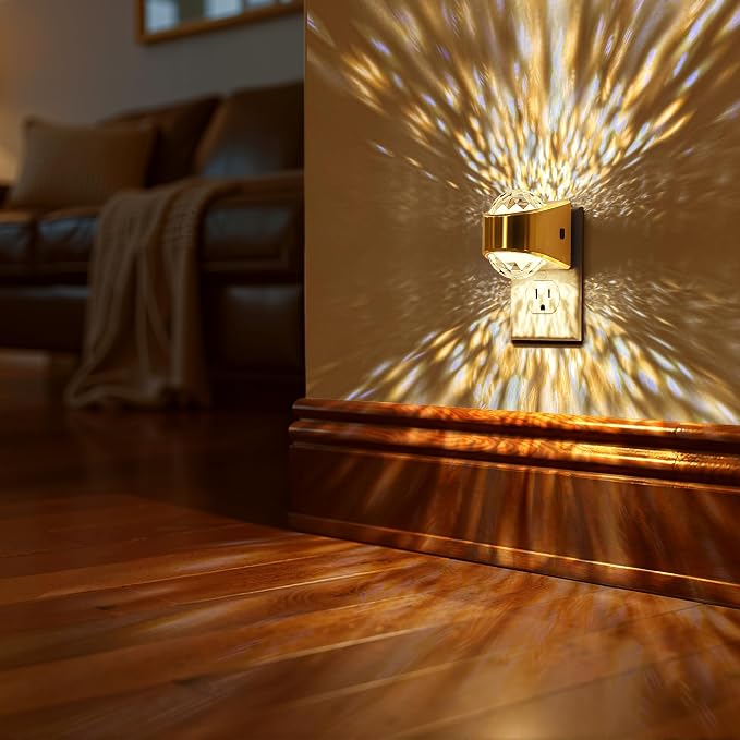 Night Light, Gold Night Lights Plug into Wall 2Pack LED Projector | Soft White Night Light for Bedroom, Dimmable Brightness Dusk to Dawn Nightlight for Bathroom, Gaming Room, Home Decor