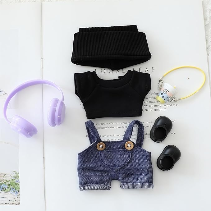 Clothes for Dolls Accessories, Stylish Kawaii Overalls Outfit Headphones Set 6 Pieces Suitable for 15cm 17cm Doll , Doll Hat Headset Boots Clothing Set Replacement