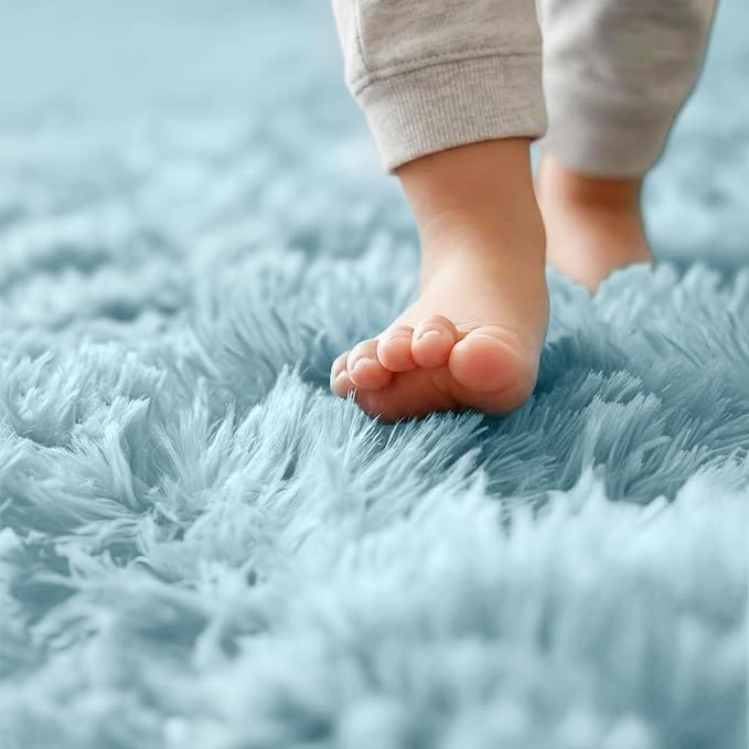 Amdrebio Light Blue Circle Round Rug 5Ft for Bedroom Decor, Soft Shaggy Fluffy Area Rugs for Kids Room Baby Boys Nursery Preppy Dorm Playroom, Cute Plush Fuzzy Sky Blue Carpet for Apartment Classroom