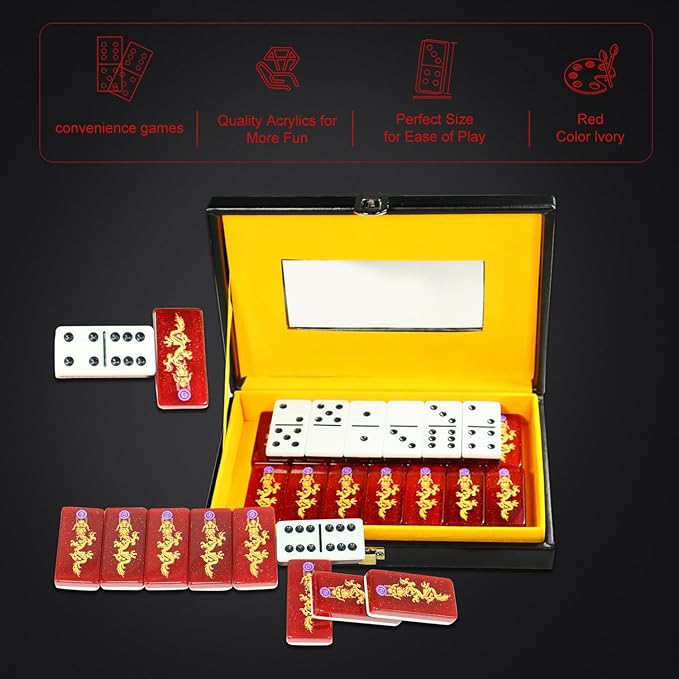 IDTQ Double Six Dominoes, 28 Tile Colored Dots Domino Game Set with Upscale Gift Boxes, Adults and Families for 2-4 Players, Classic Numbers Table Games (Dragon)