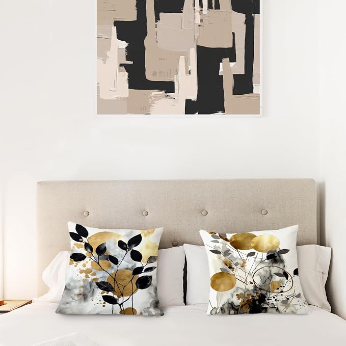 Black and Gold Botanical Pillow Covers 24x24 Set of 2, Abstract Modern Decorative Throw Pillow Covers for Living Room Bedroom, Modern Home Decor, Black and Gold Bedroom Living Room Decor