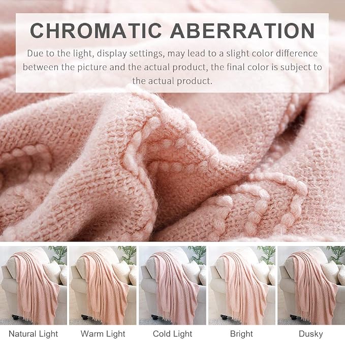 BOURINA Pink Throw Blanket 50x60 Inch Boho Knitted Soft Throw Sofa Blanket | Knitted Throw Blanket 50x60 Inches, Soft Lightweight Boho Weave Throw Decorative Couch Blanket for Living Room Bedroom Chair