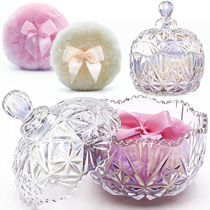 4" Glass Dusting Powder Container with 2 Fluffy Puffs,Cute 3.5" Soft Body Powder Puff and Jar Set(Crown-dazzling color)