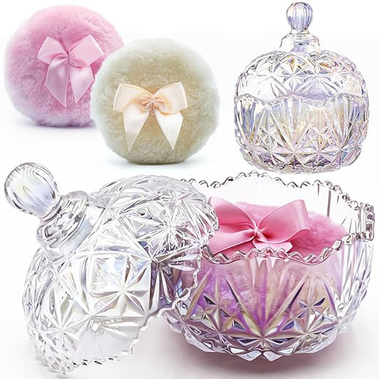 4" Glass Dusting Powder Container with 2 Fluffy Puffs,Cute 3.5" Soft Body Powder Puff and Jar Set(Crown-dazzling color)