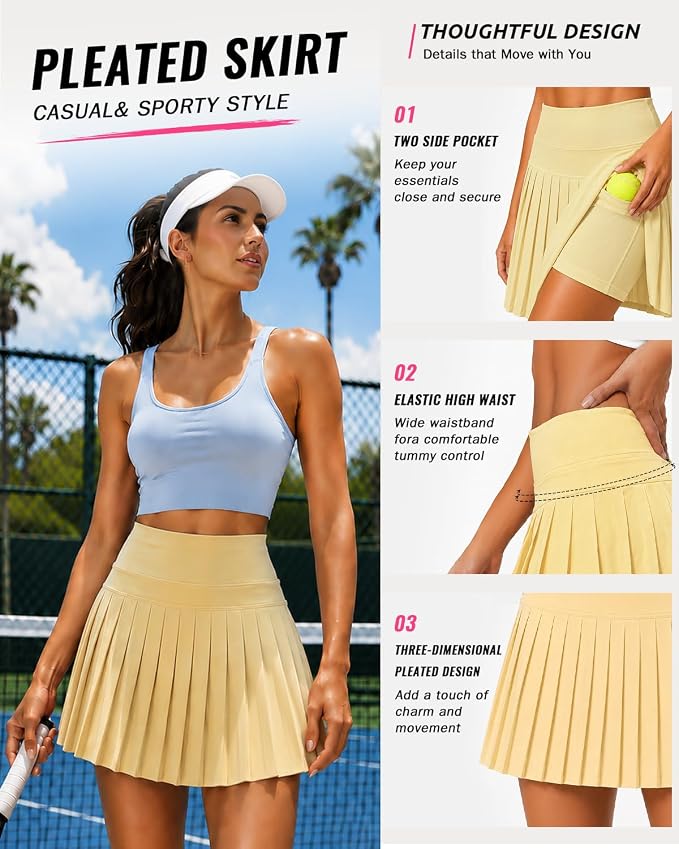 Pleated Tennis Skirt for Women with Pockets Shorts High Waisted Athletic Golf Skort for Workout Pickleball