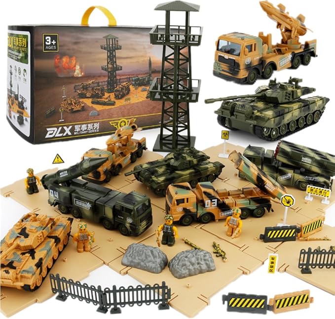 Military Vehicles and Army Battle Site Set with Storage Container, 6 Vehicles, Scout Tower, Missile Truck, Tank (Military-playsets)