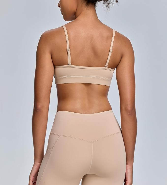 Oalka V Neck Sports Bra for Women Adjustable Padded Thin Straps Wireless Yoga Bras