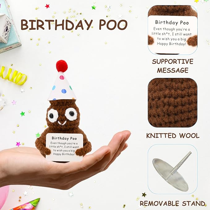Birthday Poo with Stand. Emotional Support Crochet Gift. Happy Birthday Gifts for Women, for Her. Present for Mom. Funny Gag Gift for Friends.