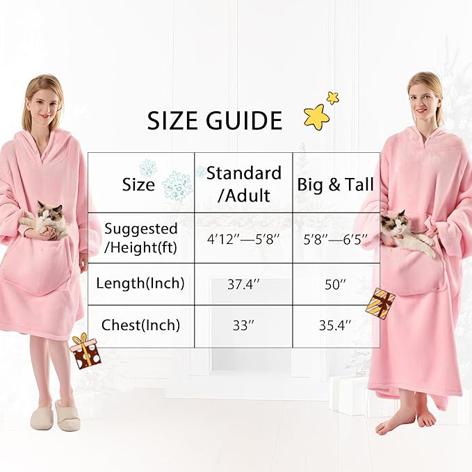 Krifey Big & Tall Wearable Blanket Hoodie with Cat Pocket, Extra Long Oversized Fleece Blanket for Adults, Cozy Birthday Gifts, Christmas Gifts