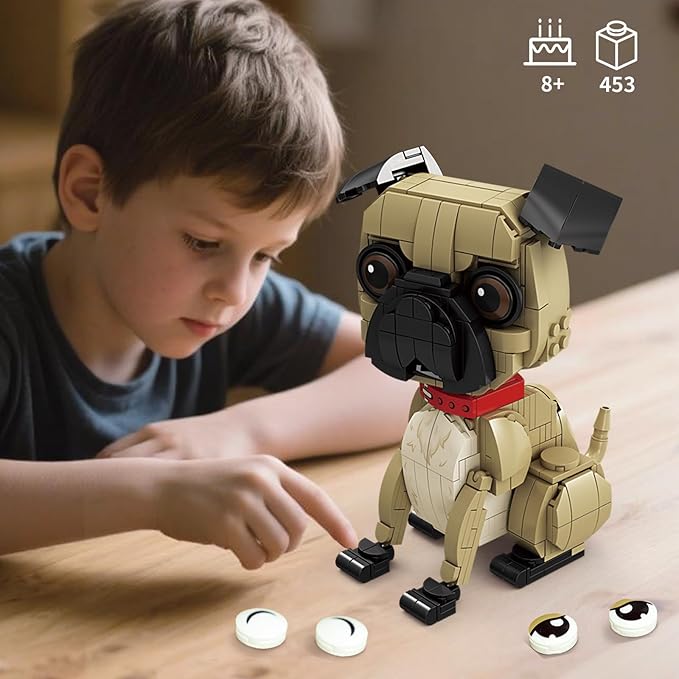 KAZI Ideas Pug Dog Building Toy Sets for Kids Ages 8+, Adorable Dogs Figures with Replaceable Eyes Accessories,Gifts for Dog Lovers,Puppy Model for Boys & Girls Who Love Animals,Party Favors
