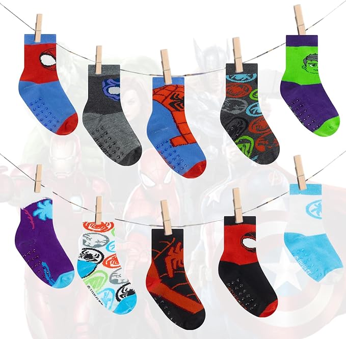 Marvel Spiderman Grip Socks, 10 Pack, Toddler Boys, Ankle Length, Multicolor, Small