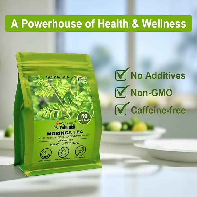 FullChea - Moringa Tea, 50 Teabags - Pure & Natural Moringa Leaves, Cultivated From India - Herbal Tea for Supporting Digestion & Immune System - Non-GMO - Caffeine-free (Pack of 2)