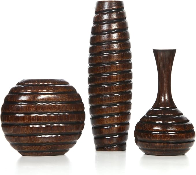 Hosley's Set of 3 Carved Wood Vases Small 6" Medium 8" and Tall 12" High. Ideal Gift for Floral Arrangements Wedding and Use for Home Office Decor Fireplace Floor Vases Spa Aromatherapy Settings
