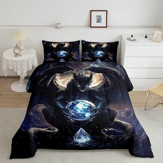 Feelyou Dragon Comforter Set Twin Size Dragon Stuff Comforter for Boys Girls Teens Wild Life Bedding Set Dragon Decor Duvet Set Room Decor Black Quilt Set
