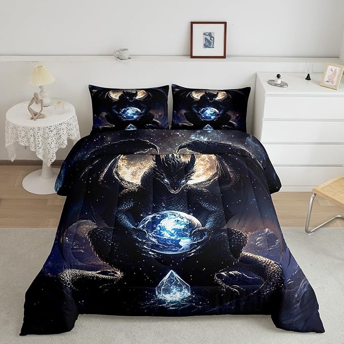 Feelyou Dragon Comforter Set Full Size Dragon Stuff Comforter for Boys Girls Teens Wild Life Bedding Set Dragon Decor Duvet Set Room Decor Black Quilt Set