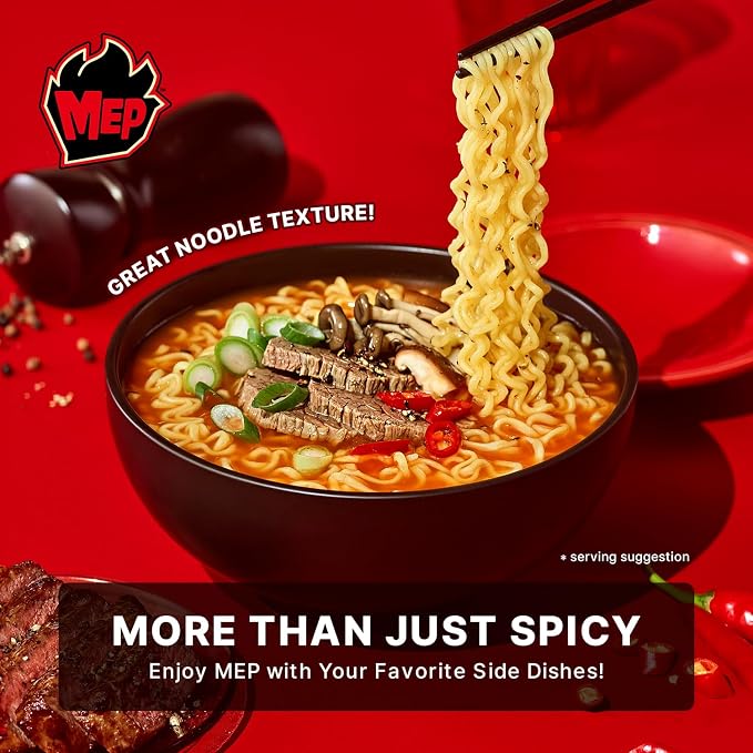 MEP Black Pepper Beef Korean Spicy Ramen Noodle Soup, 3.88 oz Bowls 6-Pack | Rich beef bone broth with aromatic black pepper kick; Chewy qq-texture noodles; Microwave-ready in minutes;