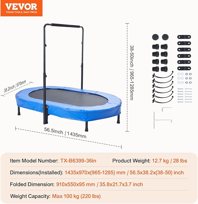 VEVOR 5FT Trampoline 50"/55"/56 * 35" for Indoor/Outdoor use for Toddlers, Foldable Mini Baby with Foam Handle, Recreational Birthday Gift