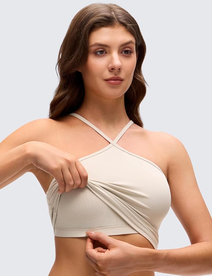 CRZ YOGA Butterluxe Cross Neck Crop Tank Tops for Women - Spaghetti Straps Square Back Padded Yoga Sports Bras