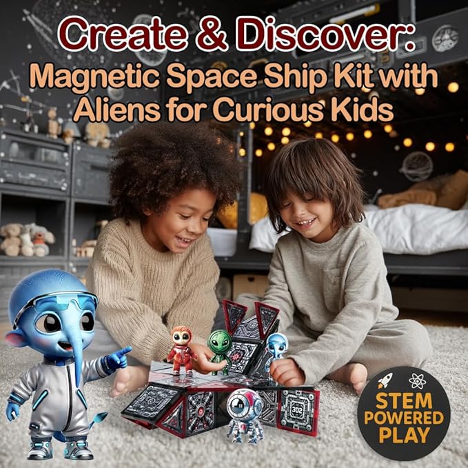 Little Pi Space Battleship Magnetic Tiles 48 PCS | Magnetic Blocks for Star Inspired Galactic Building | STEM Toys for Kids Age 3 4 5 6 7 8