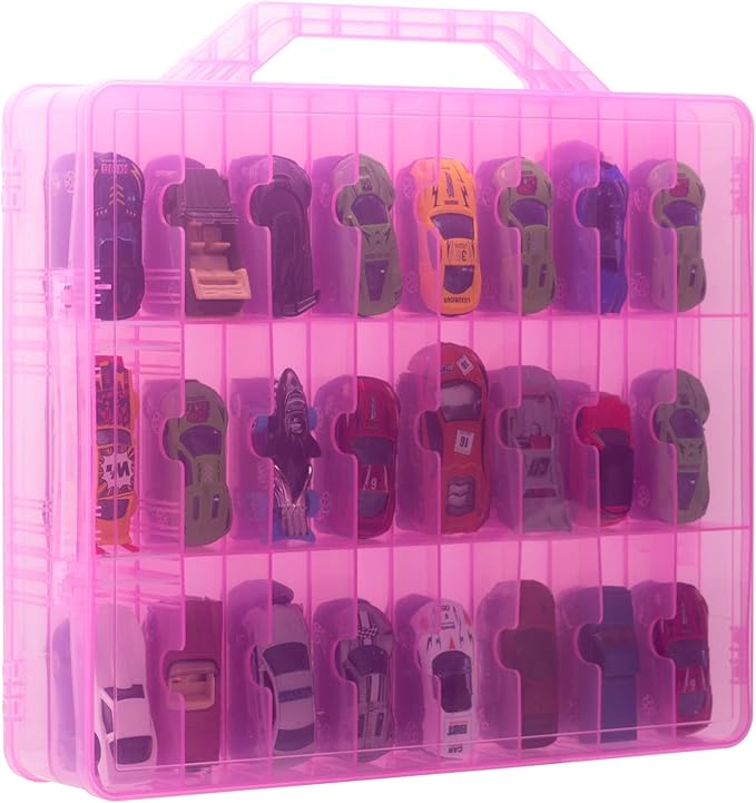 Double Sided Toy Car Storage Case for 48 Cars, Pink, Rectangular, Plastic, Wall Mount, 13.4 x 11.8 inches