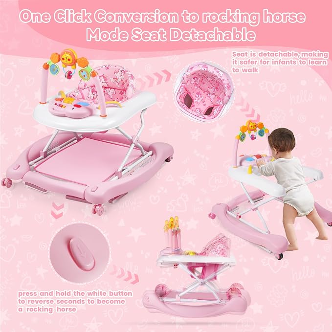 Baby Walker, 5 in 1 Baby Walkers for Boys Girls 6-12 Months, Foldable Walkers for Babies with Bouncer & Feeding Tray, Music, Adjustable Heights, Activity Walker for Infant