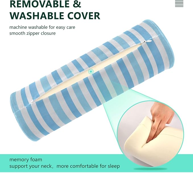 Bolster Pillow and Cover Bed Neck Roll Pillow Round Pillows for Neck Cylinder Pillow Decorative Memory Foam Back Support Light Blue Stripe
