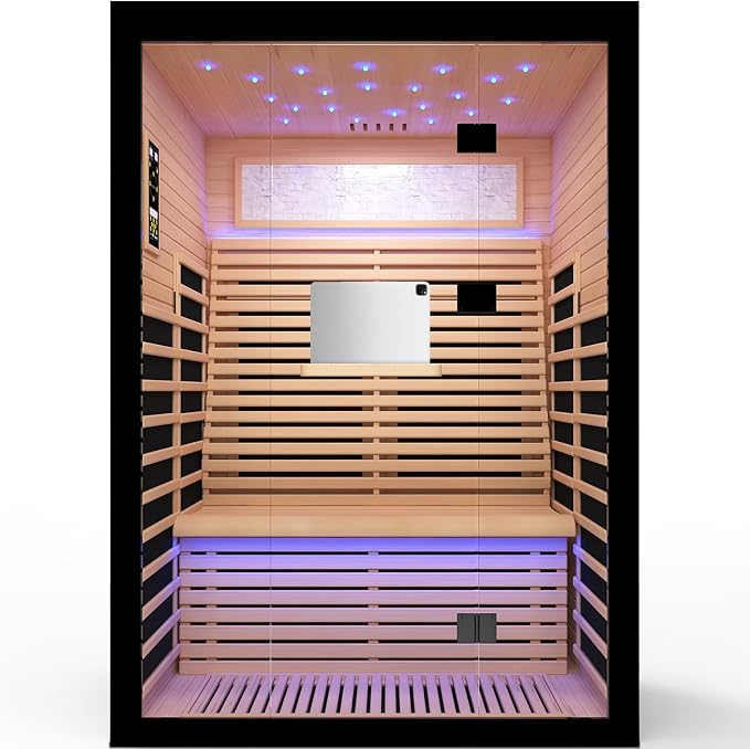 OUTEXER 2 Person Infrared Sauna Room Far Infrared Saunas Home Canadian Hemlock Indoor 2100W Low-EMF Dry Saunas with Oxygen Bar 7 Color Therapy 53.1 * 47.2 * 74.8inch
