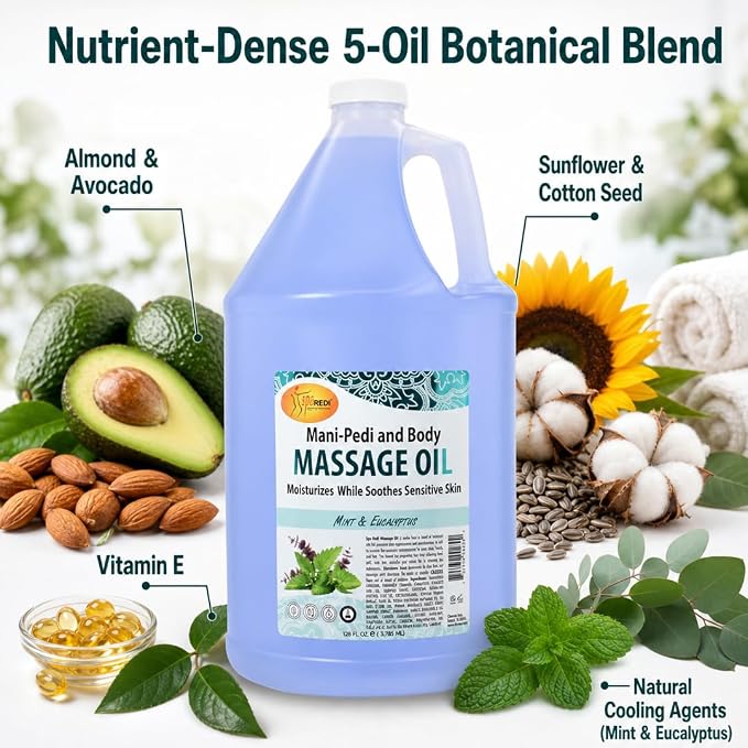 SPA REDI Mint Eucalyptus Massage Oil – Alcohol-Free, Sulfate-Free & Silicone-Free Professional Massage Oil | Almond, Avocado, Sunflower & Vitamin E Botanical Blend | Cruelty-Free | Made in USA 128 oz
