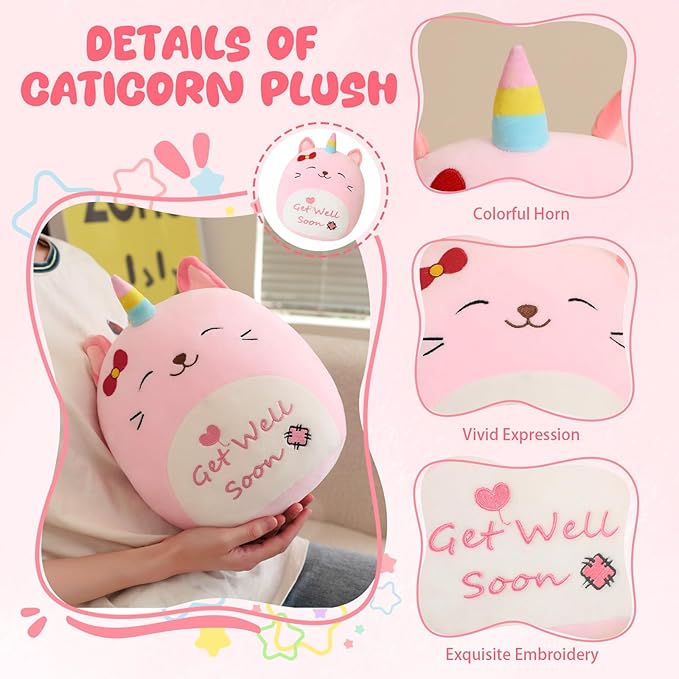 Get Well Soon Caticorn Plush, Cute Pink Caticorn Stuffed Animal, Soft Feel Better Gifts for Kids Women Men