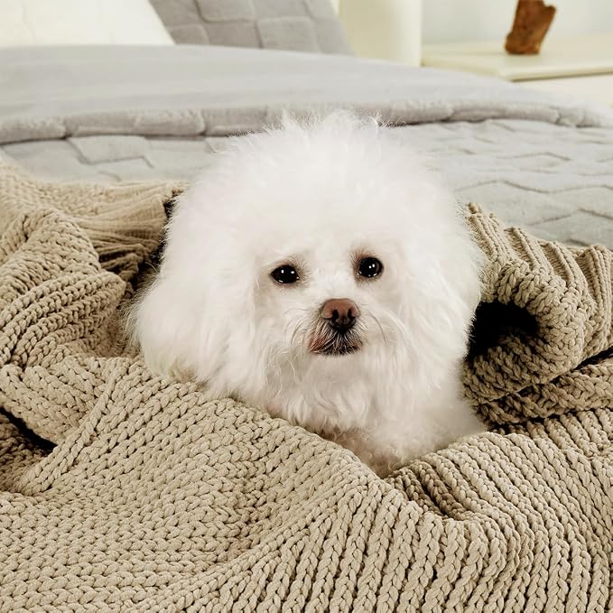 Knit Throw Blanket, Soft Chenille Cozy Breathable Chevron Chunky Decorative Blanket for Couch, Bed & Sofa, French-Inspired Lightweight Warm Gift for Women, Beige, 60"x80"