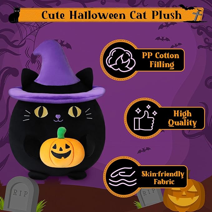 Halloween Pumpkin Cat Plush Toy, Black Cat with Pumpkin and Witch Hat for Home Decor, Halloween Party Gifts for Kid (Pumpkin Cat, 10 Inch)