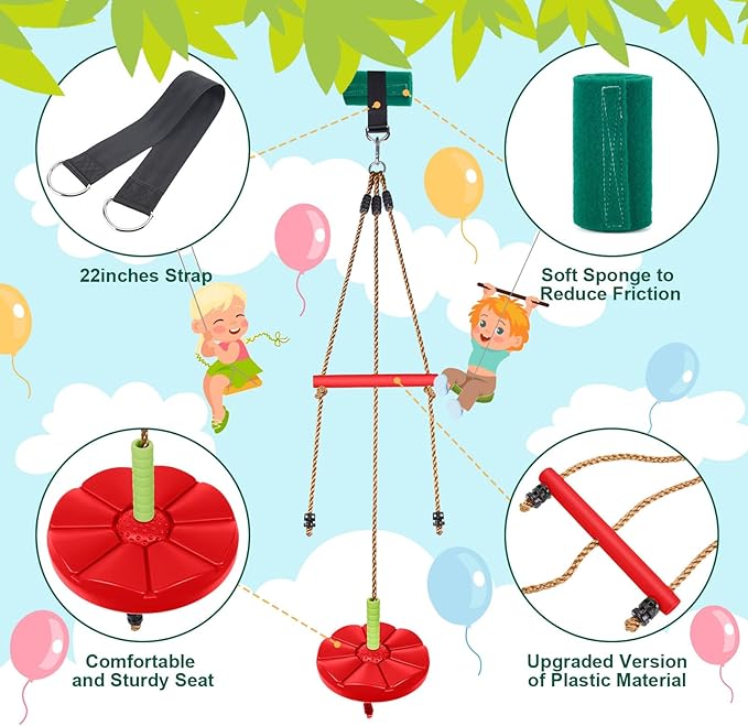 AGPTEK Disc Swing with Monkey Bars, Tree Swing Set Accessories Rope Disk Swing Seat with Carabiner and 22in Hanging Strap Heavy Duty Swingset for Zipline Outdoor Playground, Jungle & Gym (Red)