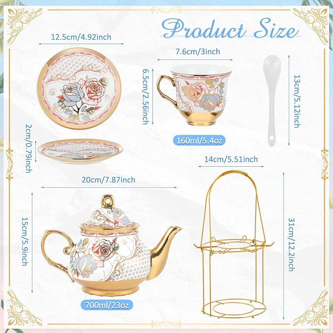 Zhehao 20 Pcs Porcelain Tea Set with Metal Holder and Spoon Adult Ceramic Tea Set European Flower Painting Teapot Cup Saucer Spoon for Women Mom Gift, Large Version (Minimalist Style)
