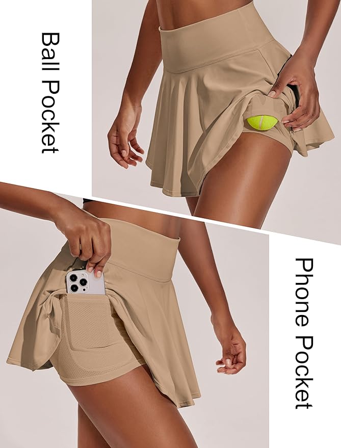 PINSPARK Womens Tennis Skirt 14" Pleated Athletic Golf Skorts with Pockets | High Waist, Tummy Control, Mini, Breathable, Lightweight, Soft, Built in Shorts, Pickleball, Casual