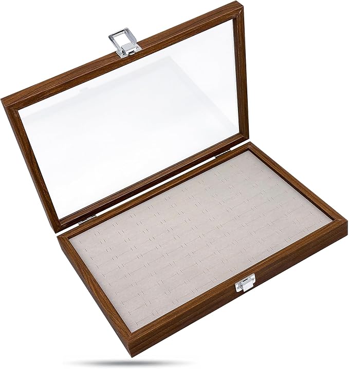 Wooden Travel Jewelry Box w. Tempered Glass Display Lid - Rings Storage - 100-Slots Velvet Organizer (Dark Oak) by The Display Guys