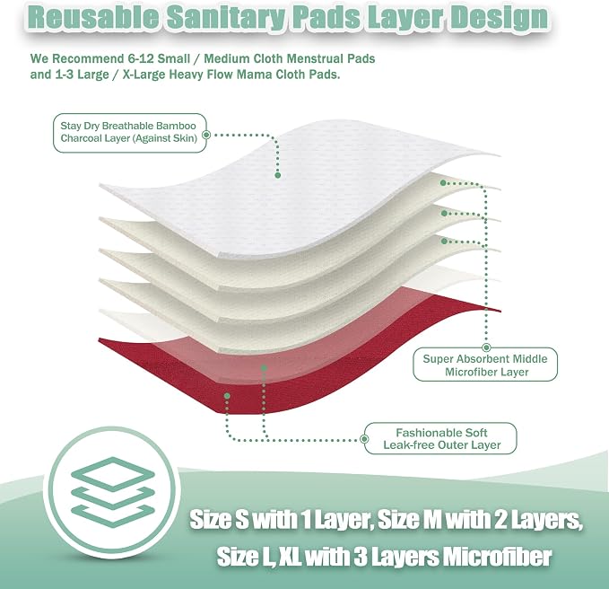 Wegreeco Cloth Menstrual Pads - Soft Washable Pads for Women - Reusable Panty Liners for Women - 6 Pack with 1 Cloth Mini Wet Bag (Medium, Burgundy)